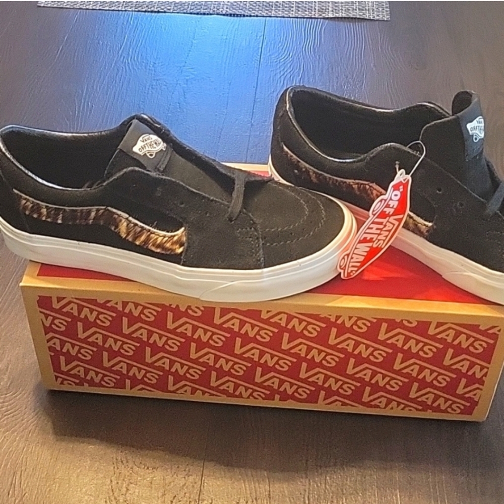 Vans Black Suede Sneakers with Brown Patterned Stripe